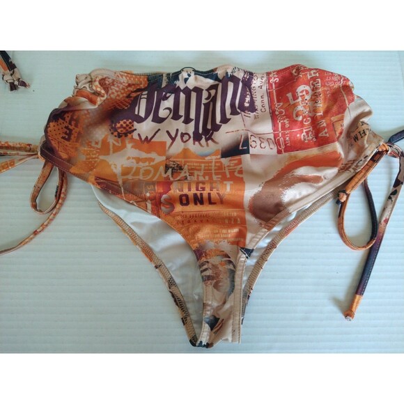 NWT Pretty Little Thing Bikini Top 10 Bottom 8 orange newspaper print ruched tie - Picture 2 of 12